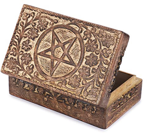 Ajuny Boîte à Bijoux en Bois de Manguier 20 x 13 cm – Coffret Vintage Sculpté à la Main Motifs Étoile Cercle Fleur, Organiseur Bijoux & Montres, Boîte Souvenirs, Idée Cadeau