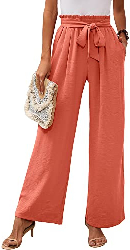 Heymoments Pantalon de détente à Jambe Large pour Femme avec Poches, léger, Taille Haute, réglable, nœud noué, Pantalon Ample, A05-corail, Taille M