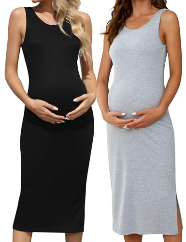 Brynmama 2 Pack Casual Maternity Skirt Summer Pregnancy Dress Sleeveless Side Split Midi for Pregnant Women Black, Grey, X-Large
