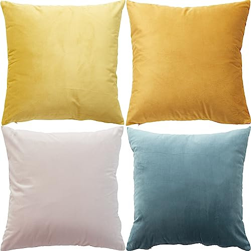 GONOVE Kissenbezüge 45x45cm Weicher Samt Bunte Plain Kissenbezug 4er Set Dekorative Kissenhülle Zierkissenbezüge Kissen für Sofa Couch Zuhause Wohnzimmer, Blau Orange Serie