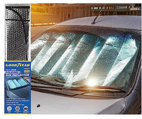 Goodyear Folding Windshield Sun Shade 130 * 60cm – Durable UV & Heat Blocker with Secure Suction Cups | Protects Interior from Sun & Dust | Compact & Easy to Store