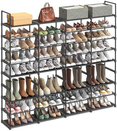 SONGMICS Adjustable Shoe Rack, 8-Tier Shoe Organiser, Shoe Storage Shelf, Steel Tubes and Non-Woven Fabric, Holds up to 64 Pairs, Space-Saving, for Entryway, Closet, Garage, Ink Black LSA419B01