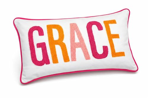 mia'spillow lab Personalized Baby Name Pillow with Colorful Piped Border, Custom Kids Name Cushion, Nursery Room Décor, Newborn Name Keepsake, Punch Needle Embroidery Pillow