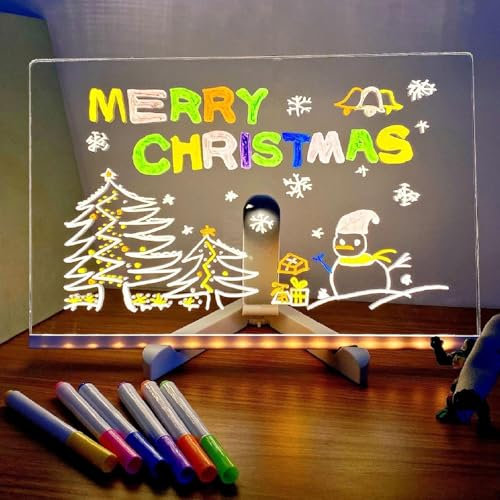 Tablette Lumineuse Dessin pour Enfants, Tableau Lumineux Message LED avec 7 couleurs Stylo et Support Réglable, Tableau Acrylique Effaçable, Cadeau Créatif Deco Chambre pour Ado Fille (30 x 20 cm)