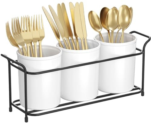 Lifewit Pot Ustensile, Bac de Rangement Ustensiles Cuisine avec 3 compartiments, Accessoire Cuisine, Porte Ustensiles pour Fourchettes, Cuillères, Couteaux, Comptoir, Blanc&Noir