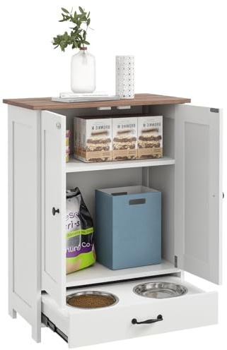 PawHut Pet Feeding Station with Storage, Dog Feeding Station with Raised Dog Bowls, Adjustable Panel, Hooks, Pet Food Storage Cabinet, White