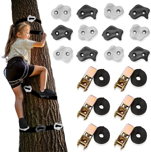 HyperMotion HYP23 - Kit de Presas Escalada para Niños con 12 Enchufes y 6 Correas - Set Completo para Árboles con Trinquetes - Actividad Sensorial al Aire Libre - Resistente hasta 91 kg