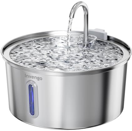 Invengo MeowFlow B40 3,2 l Katzenwasserbrunnen mit Dual-Flow-Stilen, Ultra-leise < 30 dB, 304 Edelstahl Haustierbrunnen zum Trinken, leicht zu reinigen, sicheres Design, inklusive 4 Ersatzfiltern