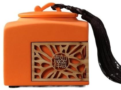 SDA287MZ Tea Tins Household Large Ceramic Tea Canister With Tassel Chinese Hollowed Out Sealed Storage Jar Tea Caddy(Orange)
