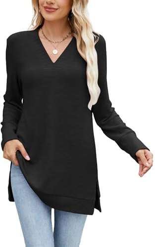 Famulily Womens V Neck Long Sleeve Jumpers Pullover Soft Casual Sweaters Splits Side Relaxed Fit Tunic Tops for Legging Black L