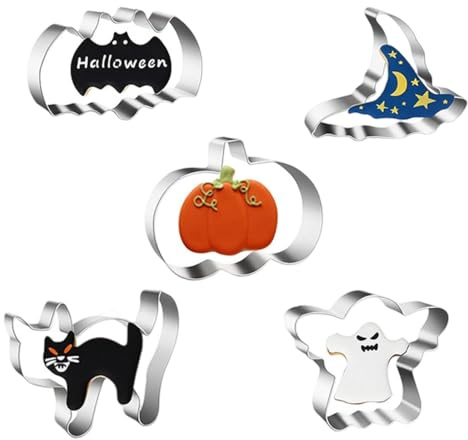 JUGUTA Moldes Galletas Halloween 5 Piezas, Moldes De Galletas Halloween Acero Inoxidable - Calabaza, Murciélago, Sombrero De Bruja, Gato, Fantasma