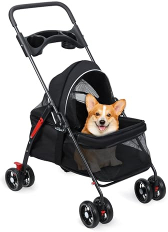 Passeggino per cani 2 in 1 per cani e gatti fino a 20 kg, pieghevole, 4 ruote doppie a 360°, portabevande, comodo sistema di trasporto con maniglia, spazio di archiviazione e cinture di sicurezza