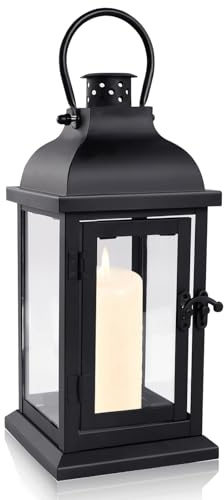 Lanterne Bougie Exterieur Noire, 27cm Métal Lanternes Outdoor Funeraire pour Cimetière, Lanterne Résistante aux Intempéries, avec Vitre et Poignée, Décoration de Jardin, Lumière à Vent Intérieur