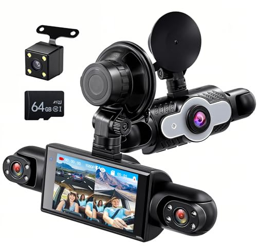 Motorsi Mirror Dash Cam 4 Canali Anteriore Posteriore, Telecamera per Specchietto Retrovisore Night Vision/Rilevamento del Movimento + 64GB Card + Telecamera Posteriore Impermeabil