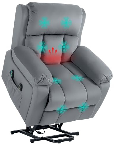 HOMCOM Sillón Relax Reclinable Eléctrico Levanta Personas Mayores Gris | Masaje Vibratorio y Calor, Sillón Elevador, Control Remoto, Reposapiés, Tapizado en Cuero Sintético, Bolsillos,