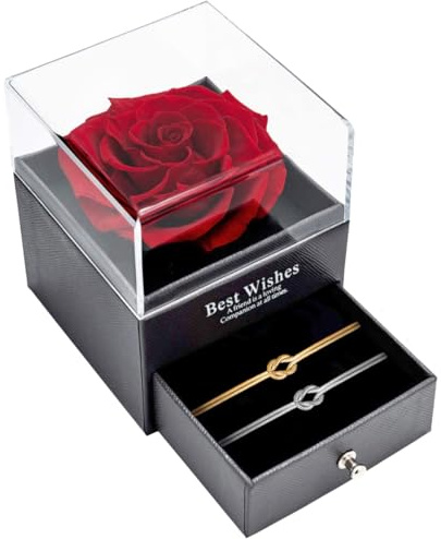 J.Fée Set de Regalos de Pulsera Pareja Rosa Eterna, Pulsera Mujer Plata 925 y Rosa Eterna Roja Natural, Regalos para Novia, Regalo San Valentin Mujer, Regalo Madre, Plata+Oro
