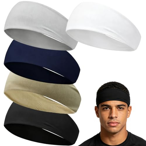 Headband Men 5 Pack Sports Headband Sweat Bands for Running Gym Cycling, Mens Headband Quick Dry Elastic Sports Hair Band, Sweat Bands Head for Tennis Yoga Workout Fitness Head Bands Men