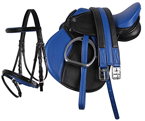 QHP pony (artificial) leather saddle set of 13 inches including girth, stirrup and combined bridle, black-blue, 13 Zoll