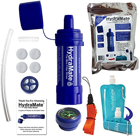 HydraMate Mini Water Filter Straw Kit- Camping Water Filter - Outdoor Survival Equipment - 2 Layers of Filtration >1200L - Includes Foldable Bottle & More!