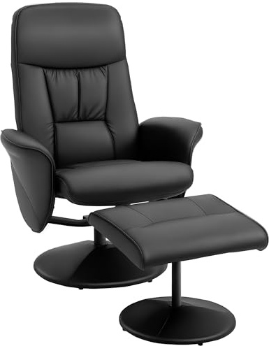 HOMCOM Swivel Recliner Chair with Footstool, PU Leather Armchair and Ottoman with High Back and Round Base for Living Room, Black