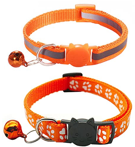Qinao 2Pack Cat Collars Quick Release Reflective Kitten Collar with Bell & Safety Release (Orange)