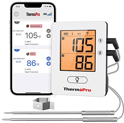 ThermoPro TP910 650FT Bluetooth Meat Thermometer for Smokers, Rechargeable Wireless Meat Thermometer for Grilling with 2 Probes, Grill BBQ Thermometer with Smart Timer, Alarm, Cook Time Estimator