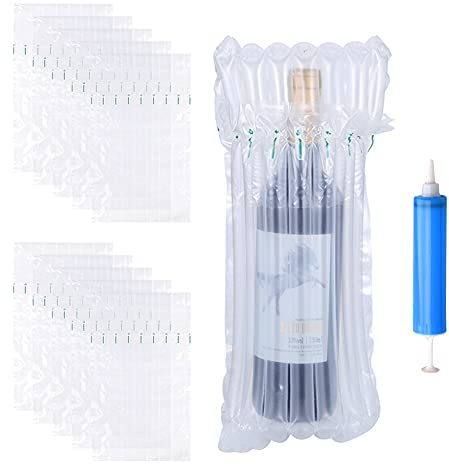 HUYIWEI 10 stycken skydd för vinflaskor uppblåsbar luftpelare, luftbubbelpåse, anti-chock glasflask-förpackningspåse uppblåsbar förpackning för säker frakt med återanvändbar pump