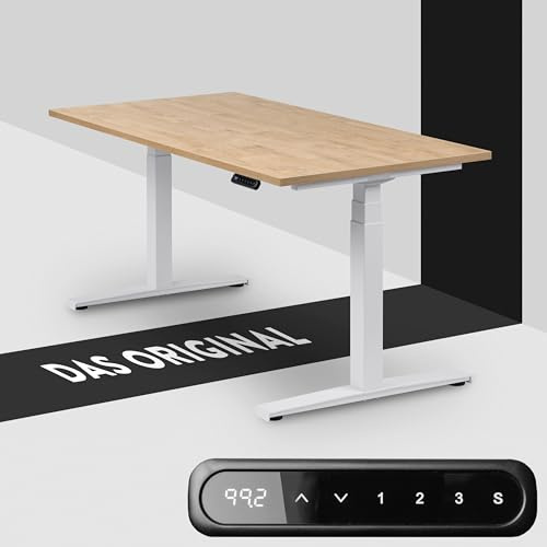 boho office® Höhenverstellbarer Schreibtisch 160 x 80 cm - Elektrisch stufenlos, Memoryfunktion, Kollisionsschutz - Basic Line Weiß inkl. Tischplatte in Wildeiche