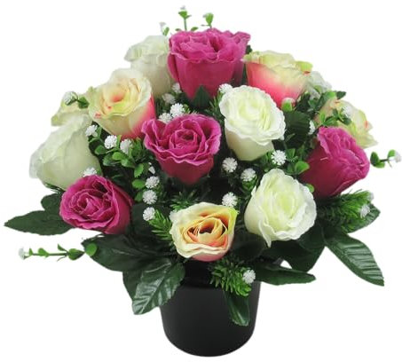 Artificial Flower Arrangement in Grave Pot, with a mix of Raspberry and Lemon Roses