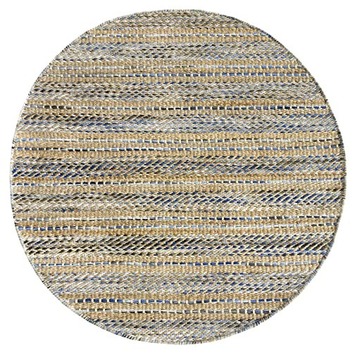 HAMID - Woll- und Jute-Teppich Runden Olivia, Handgewebter Woll-Jute-Teppich für Wohnzimmer, Schlafzimmer, Blau Geädert, (100 x 100 cm)