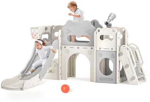 Krovtoy Kinderrutsche, Kleinkinderrutsche freistehend mit Basketballkorb, Kleinkinderklettergerüst, Babyrutsche Spielplatzgeräte, Kinderrutschen für Draußen (Blau Orange-11 in 1)