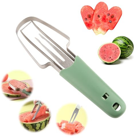 TINGTING Melonenschneider, 3-in-1 Edelstahl Wassermelonen Schneider mit Gabel, Obstschneider & Fruchtschneider, Multifunktionaler Melonenschneider für Cantaloupe Papaya Drachenfrucht (Grün)