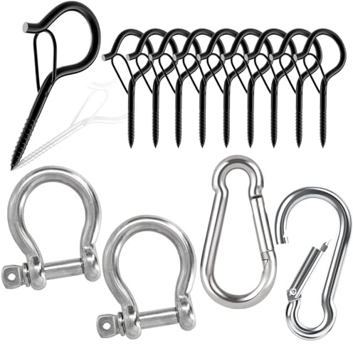 Adicase Schraubhaken 14-Teiliges Set, Haken Zum Schrauben Hakenschrauben mit Sicherung | M8 Schäkel und M7 Karabinerhaken Edelstahl | Deckenhaken Schwarz für Wandhaken zum Aufhängen Topfplanzen