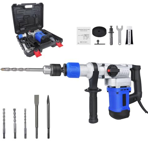 Marteau perforateur rotatif SDS-Plus 1800W, perceuse filaire avec 3 fonctions et poignée souple réglable, 6 vitesses, 3 mèches incluses, burin plat et pointu et mallette de transport