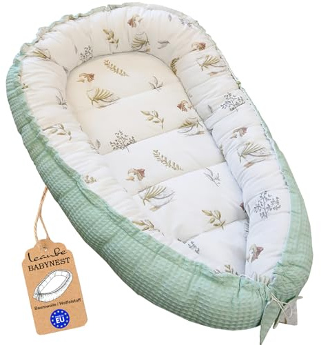 Leanbe Babynest 90x50 cm – Babynestchen für Neugeborene, Nestchen Baby aus Baumwolle & Polyester, Bettnestchen für Winter/Herbst, Baby Nest Set für Indoor & Outdoor (WAFFELSTOFF MINT)
