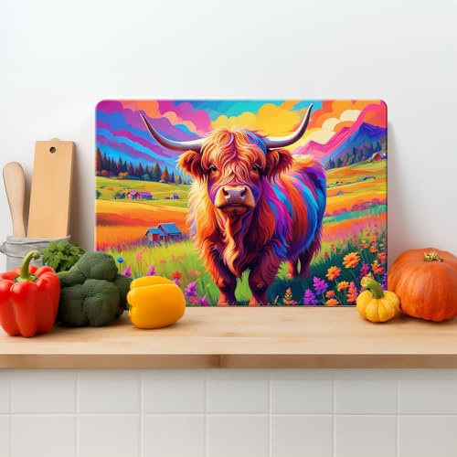 Textured Glass Chopping Board Worktop Saver for Kitchens, Durable, Easy-Clean, Scratch Resistant, Hygienic Glass, Non Slip Feet, Abstract Highland Cow, Available in Two Sizes (L)