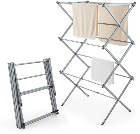 JF HOME BLISS 3-Tier Expandable Clothes Airer Heavy-Duty Foldable Drying Rack Rust-Resistant Indoor Outdoor Laundry Drying Rack Adjustable Width for Flat Bathroom Balcony Silver