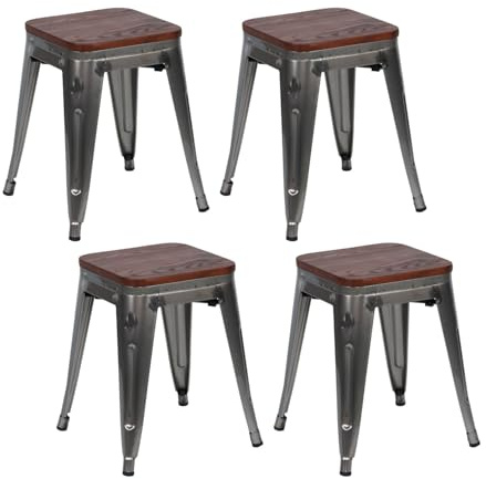 THINIA HOME Pack 4 Taburetes Bajos Industriales Apilables de Acero y Madera 38x38x46cm