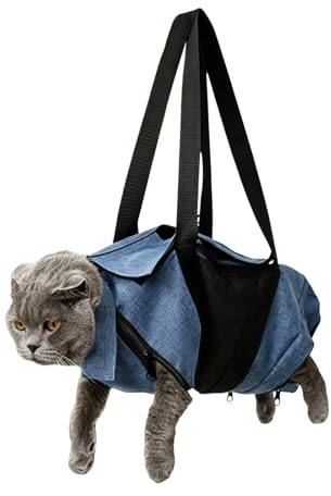 Bärväska för kattvård, justerbar andningsbar säkerhetspåse med repskydd – katttransportväska, för axeln, hemma, i badrummet