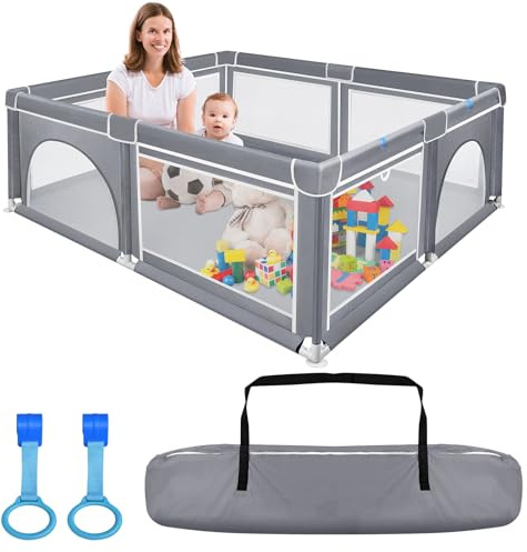 YEATHOR Baby Playpen 180x200cm Kids Play Pen Toddlers Fence with Breathable Mesh, Foam Protection & 2 Pull Rings Portable Large Activity Centre Play Yard for Indoor and Outdoor Use, Grey