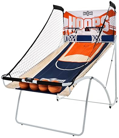 Hall of Games EZ Fold Premium Indoor Arcade Basketball Game, Steel Frame and Dual Shot Electronic Scoring with 4 Size 3 Basketballs Included, Perfect for Basement Game Rooms