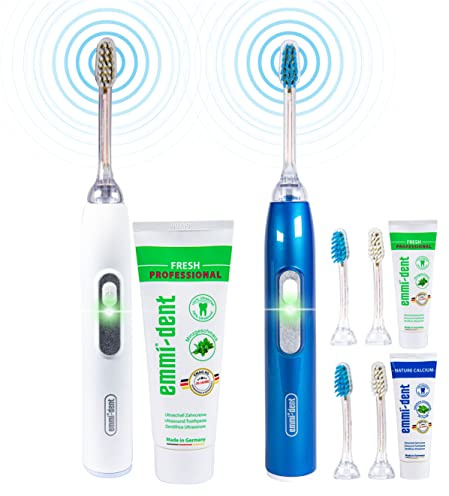 emmi-dent 96 Mio. Schwingungen Metallic- Elektrische Ultraschall Zahnbürste ohne Schrubben - Für empfindliche Zähne & Zahnfleisch I 12 Tage Akkulaufzeit mit Zahnpasta I Family-Set Weiß+Blau