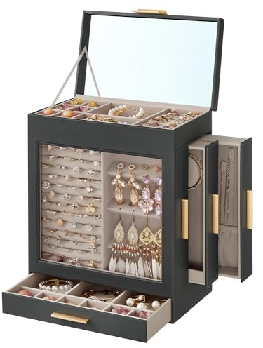 SONGMICS Jewellery Box, 5 Layer Jewellery Organiser, 16 x 26 x 30.5 cm, Slate Grey and Metallic Gold UJBC162G01