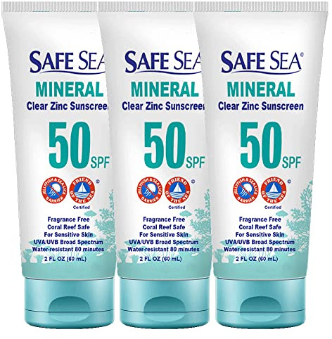 Safe Sea Protection solaire à l'oxyde de zinc SPF50 | Protection solaire minérale transparente sans fonte | Lotion protectrice anti-méduses | Anti-récifs coralliens | Format voyage - 60 ml (lot de 3)