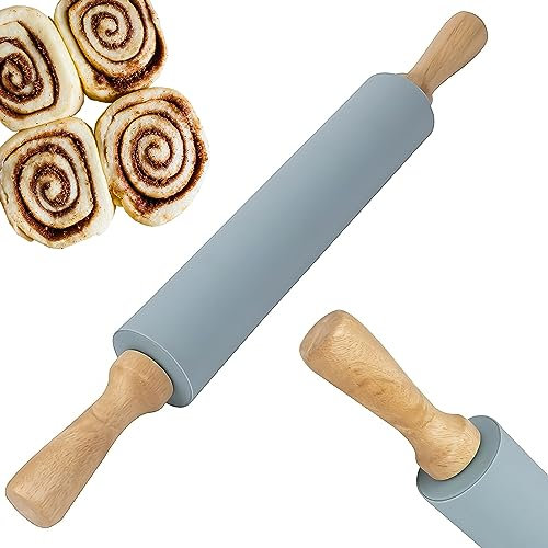 Retoo Rodillo de Amasar, Rodillo de Cocina, Silicona con 2 Mango de Madera, Antiadherente, para Hornear Pizza, Pasteles, Pastas, Galletas, 38 x 5,5 x 5,5 cm, Gris
