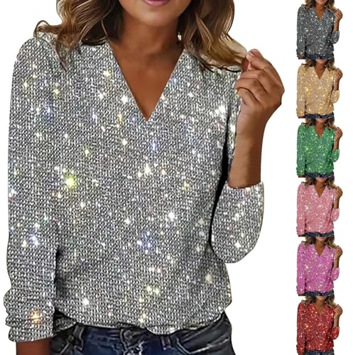 Tunique à paillettes pour femme - Col en V - Décontracté - Couleur unie - Pull à manches longues - Chemisier ample - Tunique scintillante - Pull à paillettes - Pour femme - Taille S à XXL, doré, XL