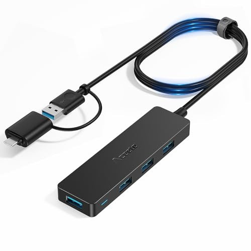 Aceele USB-hub 3.0, ultratunn USB-splitter med 4 portar och multiportar 4ft | USB-A till USB-C-adapter, 5Gbps dataöverföring, multiportsexpander för PC, bärbar dator, Xbox, PS5, USB-minne, tangentbord
