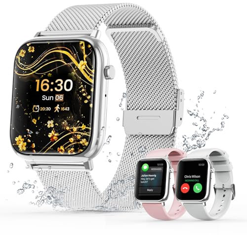 Loekneue Smartwatch Damen Bluetooth-Anrufe 5.0 mit Telefonfunktion Menstruationszyklus SpO2 Schlafüberwachung Pulsuhr IP67 Fitness-Überwachung Schrittzähler Android IOS (Silber)
