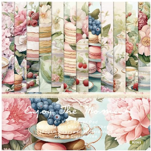 Scrapbooking Paper Pad,mönstrat hantverkspapper, 6x6, 24 ark blommigt eftermiddagste Enkelsidiga trädgårdsutskrifter Mönsterpapper, 160 g/m² Bakgrund for korttillverkning fotoalbum