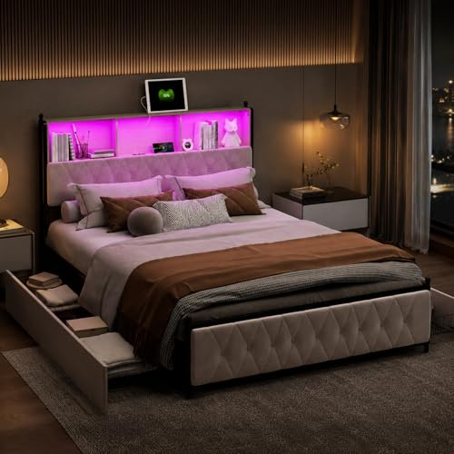 Cama 180x200 con LED y USB, Camas matrimoniales con 4 cajones y somier, cabecero con almacenaje Camas Juveniles, Estructura Cama Doble tapizada, Terciopelo, sin colchón (Beis, 180 x 200 cm)